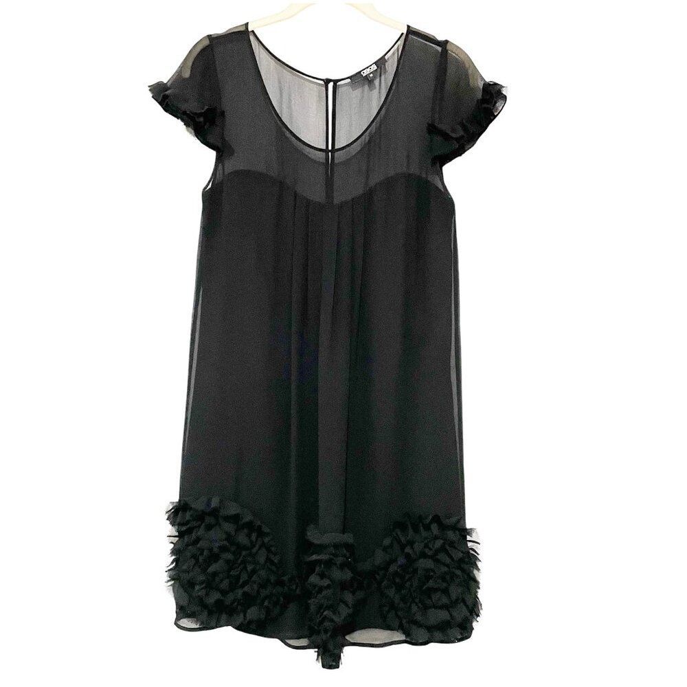 ASOS Black Chiffon Elegant Black Sheer Dress with Ruffle Details Rosette Aplique